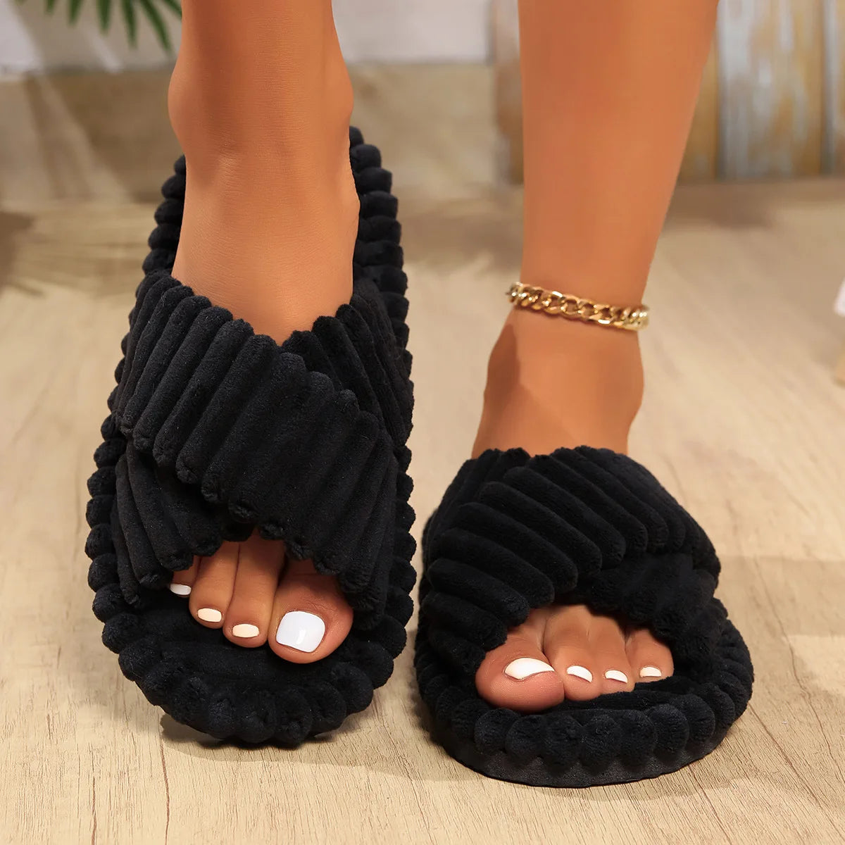 Evshine Women's Furry House Slippers Fashion Cross Straps Fur Fluffy Slides Soft Cozy Memory Foam Shoes Lady Open Toe Flat Slide