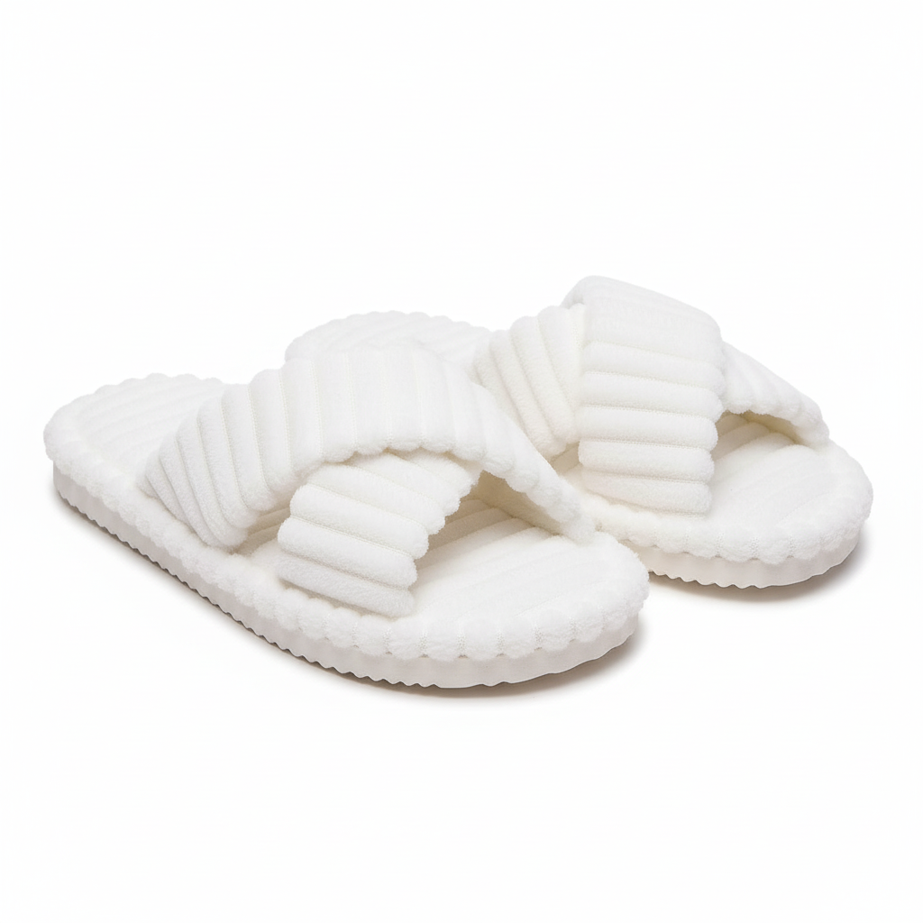 Evshine Women's Furry House Slippers Fashion Cross Straps Fur Fluffy Slides Soft Cozy Memory Foam Shoes Lady Open Toe Flat Slide