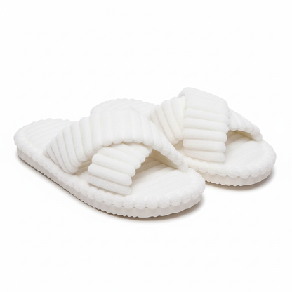 Evshine Women's Furry House Slippers Fashion Cross Straps Fur Fluffy Slides Soft Cozy Memory Foam Shoes Lady Open Toe Flat Slide