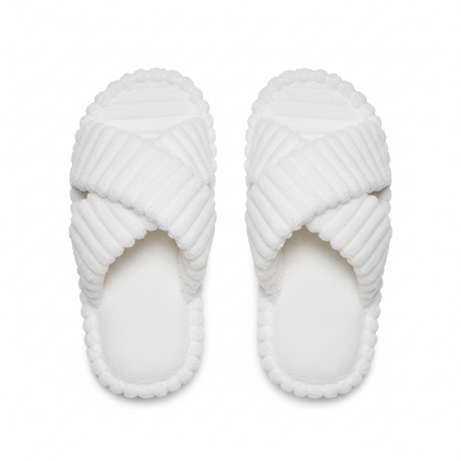 Evshine Women's Furry House Slippers Fashion Cross Straps Fur Fluffy Slides Soft Cozy Memory Foam Shoes Lady Open Toe Flat Slide